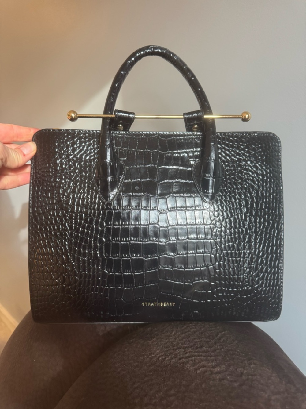 Strathberry Black Croc-Embossed Leather Top-Handle Tote